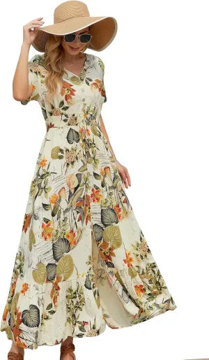 Vogebund Women's Floral Bohemian Maxi Dress Casual Button Down Flowy Summer Empire Waist Vintage Swing Dress