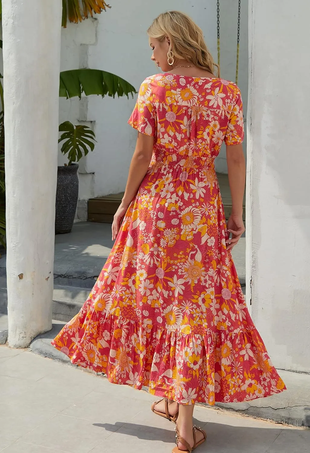 Vogebund Women's Floral Bohemian Maxi Dress Casual Button Down Flowy Summer Empire Waist Vintage Swing Dress