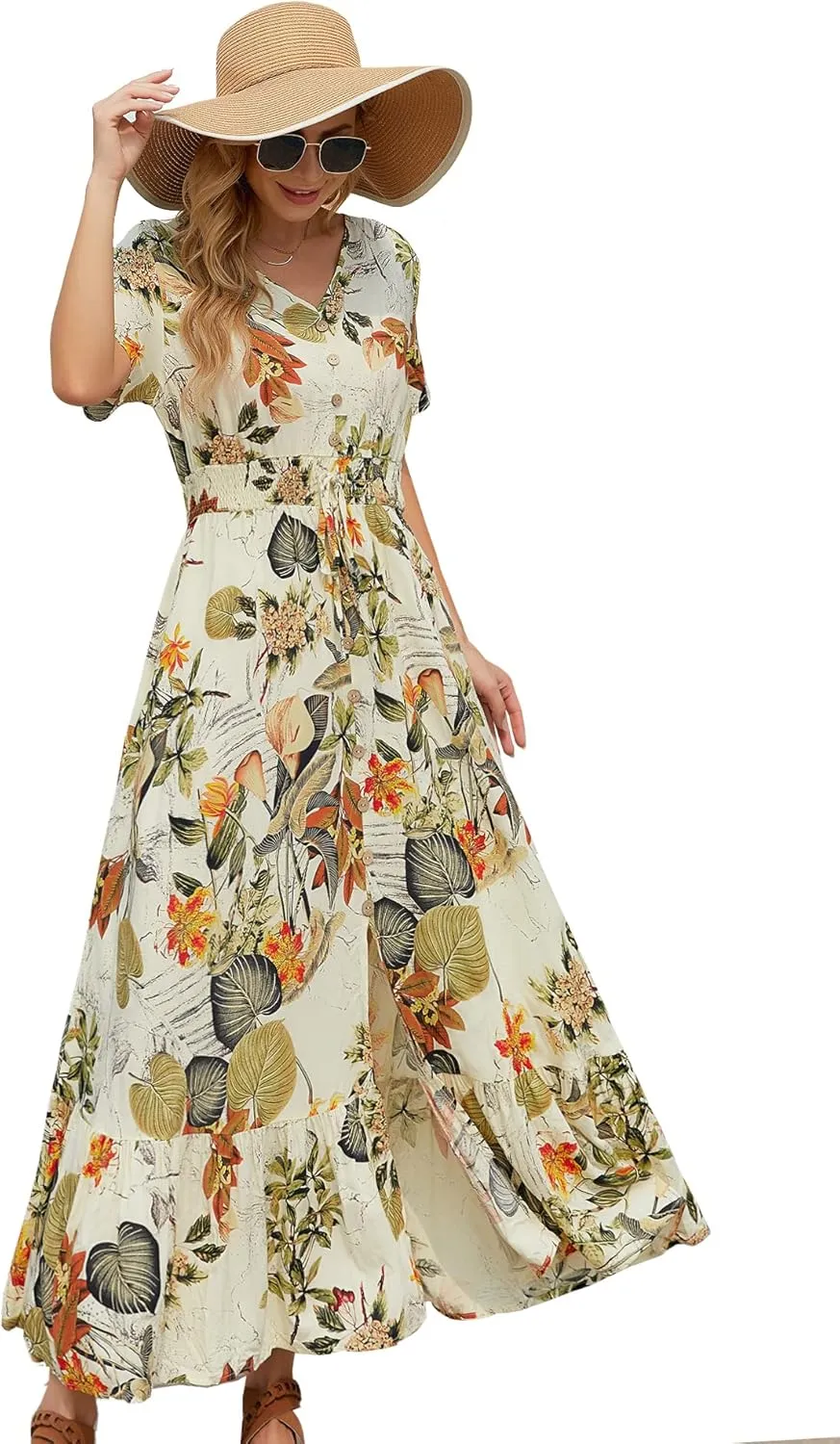 Vogebund Women's Floral Bohemian Maxi Dress Casual Button Down Flowy Summer Empire Waist Vintage Swing Dress