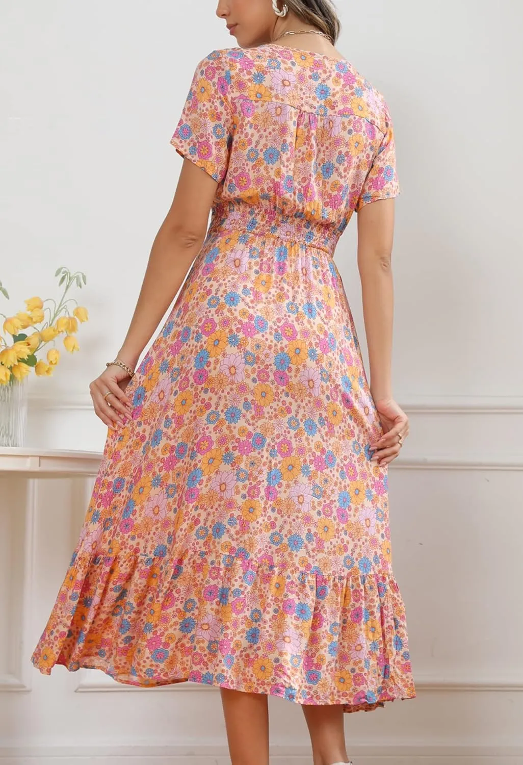 Vogebund Women's Floral Bohemian Maxi Dress Casual Button Down Flowy Summer Empire Waist Vintage Swing Dress