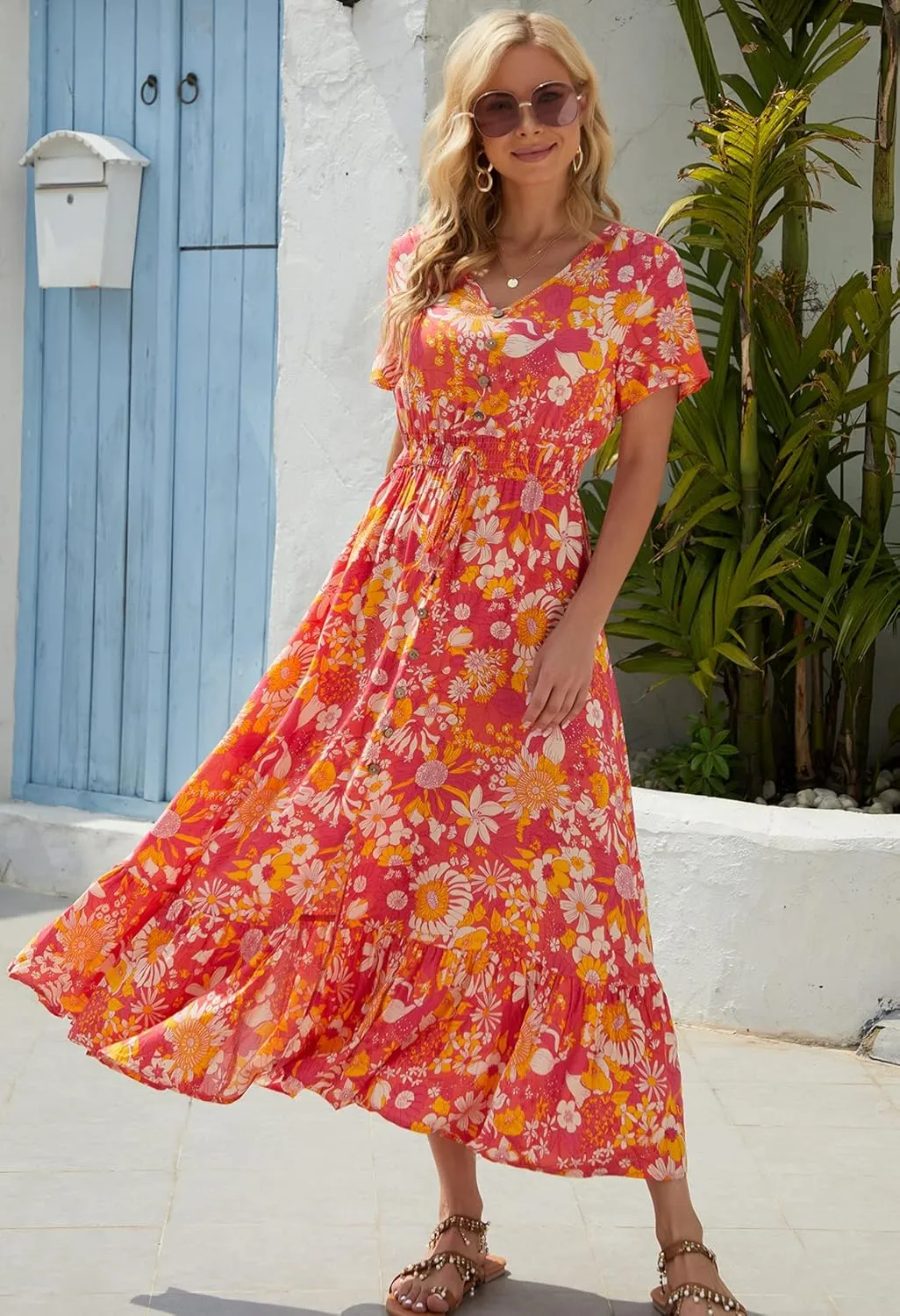 Vogebund Women's Floral Bohemian Maxi Dress Casual Button Down Flowy Summer Empire Waist Vintage Swing Dress