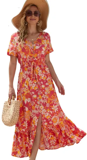 Vogebund Women's Floral Bohemian Maxi Dress Casual Button Down Flowy Summer Empire Waist Vintage Swing Dress