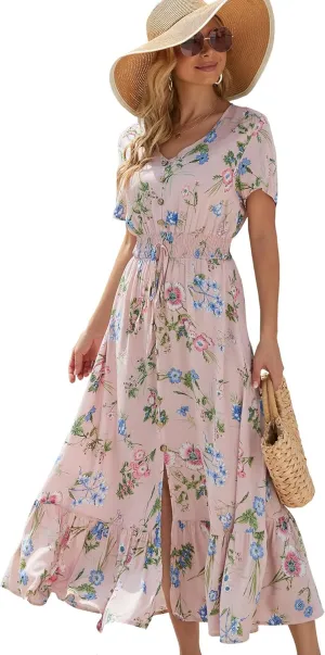 Vogebund Women's Floral Bohemian Maxi Dress Casual Button Down Flowy Summer Empire Waist Vintage Swing Dress