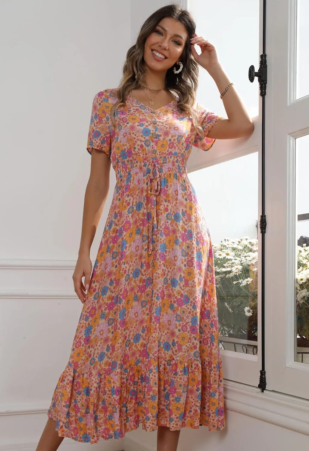 Vogebund Women's Floral Bohemian Maxi Dress Casual Button Down Flowy Summer Empire Waist Vintage Swing Dress