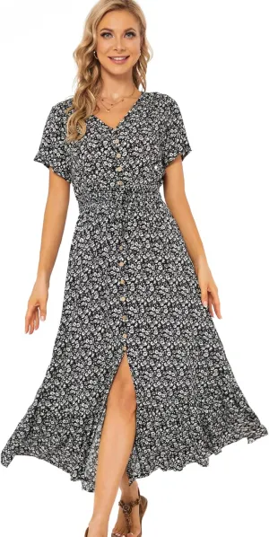Vogebund Women's Floral Bohemian Maxi Dress Casual Button Down Flowy Summer Empire Waist Vintage Swing Dress