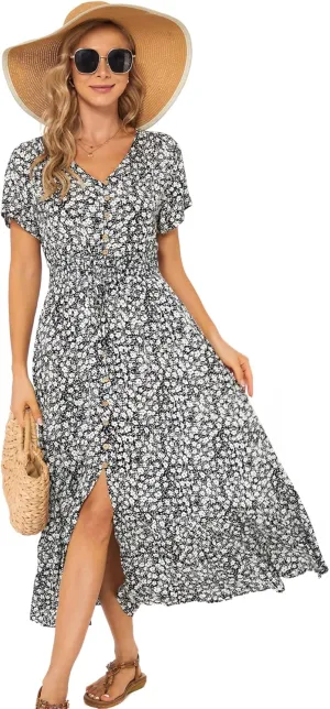 Vogebund Women's Floral Bohemian Maxi Dress Casual Button Down Flowy Summer Empire Waist Vintage Swing Dress