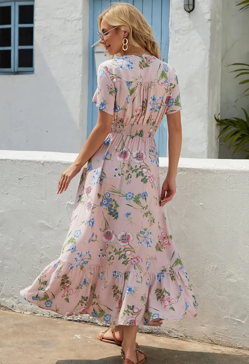 Vogebund Women's Floral Bohemian Maxi Dress Casual Button Down Flowy Summer Empire Waist Vintage Swing Dress
