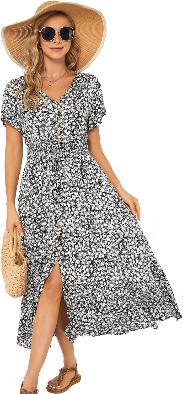 Vogebund Women's Floral Bohemian Maxi Dress Casual Button Down Flowy Summer Empire Waist Vintage Swing Dress