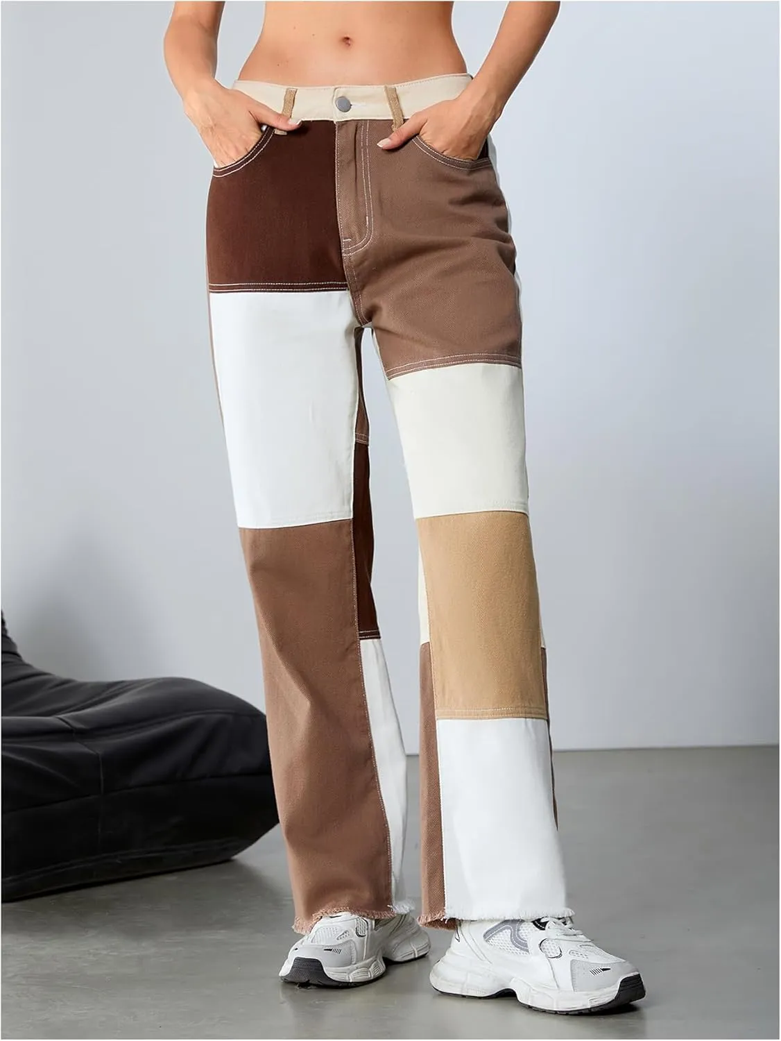 WDIRARA Women's Color Block Raw Hem High Waisted Jeans Straight Leg Denim Pants