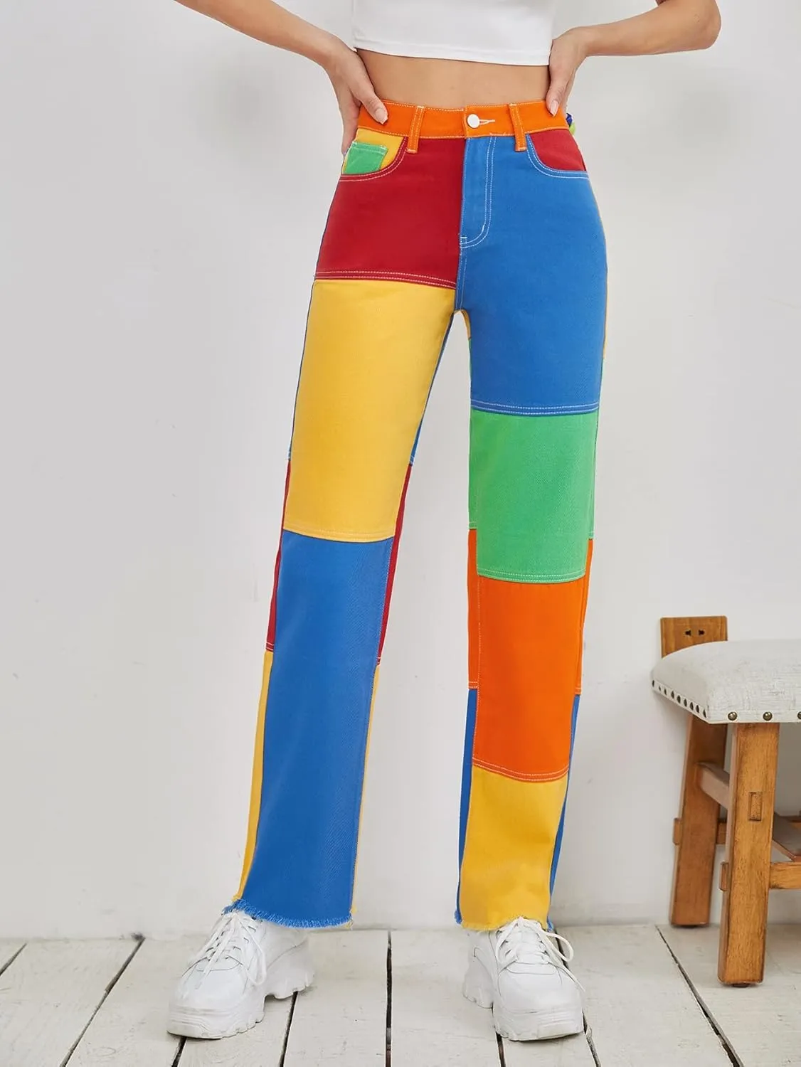 WDIRARA Women's Color Block Raw Hem High Waisted Jeans Straight Leg Denim Pants