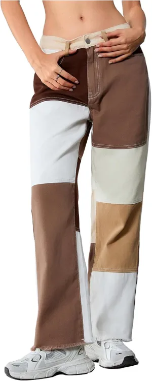 WDIRARA Women's Color Block Raw Hem High Waisted Jeans Straight Leg Denim Pants