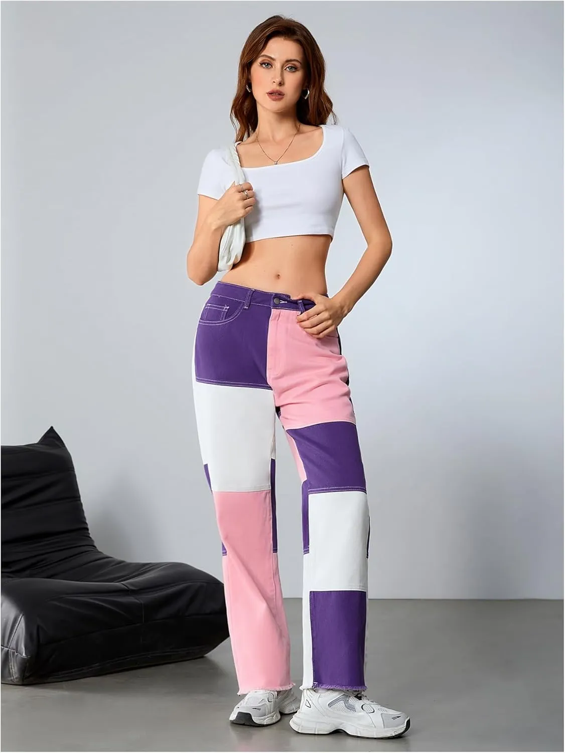 WDIRARA Women's Color Block Raw Hem High Waisted Jeans Straight Leg Denim Pants