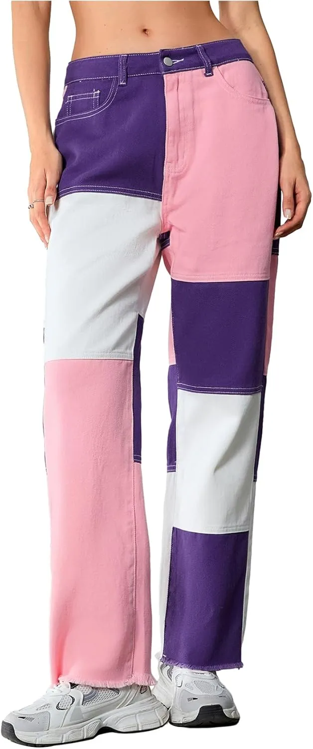 WDIRARA Women's Color Block Raw Hem High Waisted Jeans Straight Leg Denim Pants