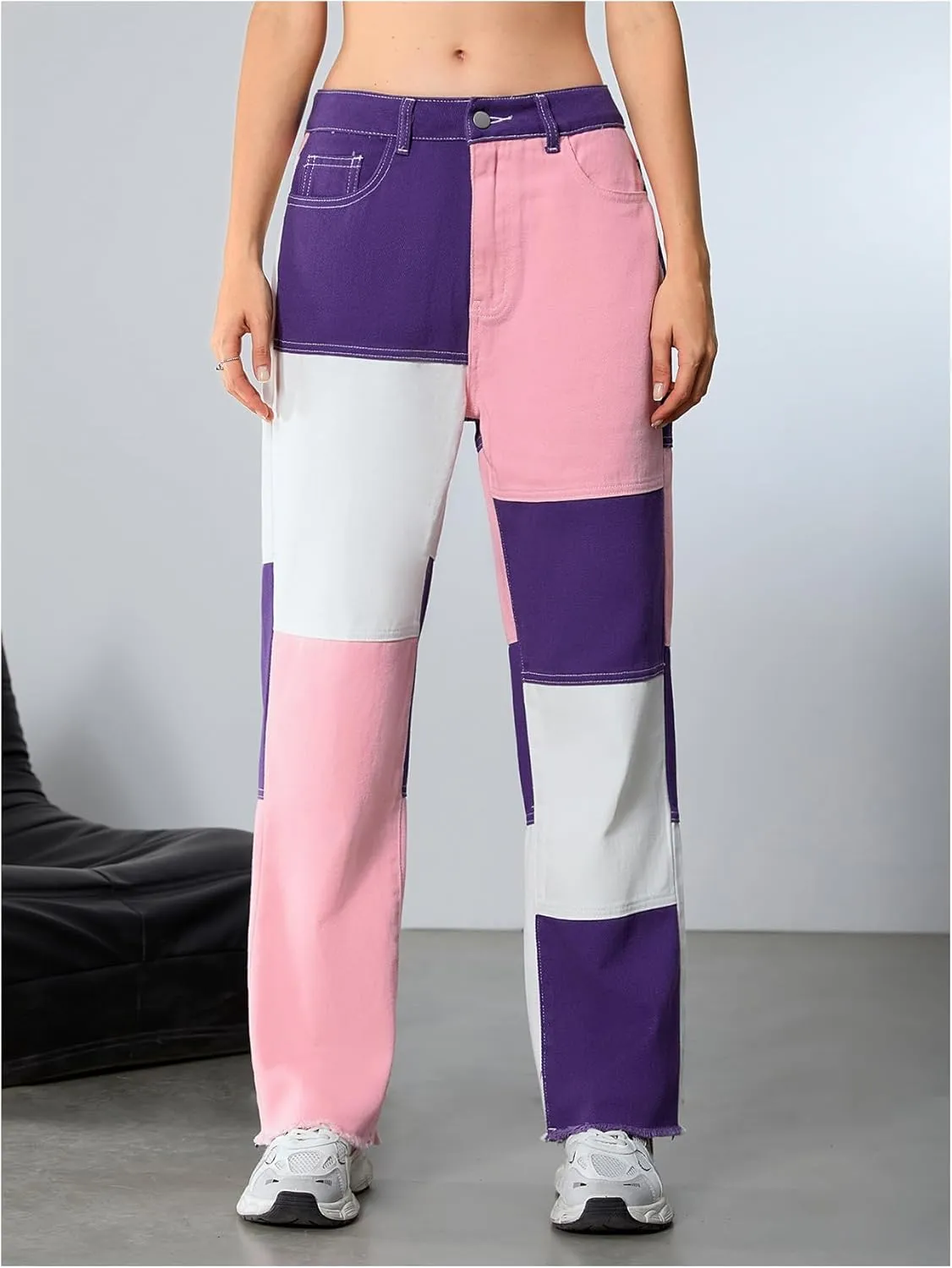WDIRARA Women's Color Block Raw Hem High Waisted Jeans Straight Leg Denim Pants
