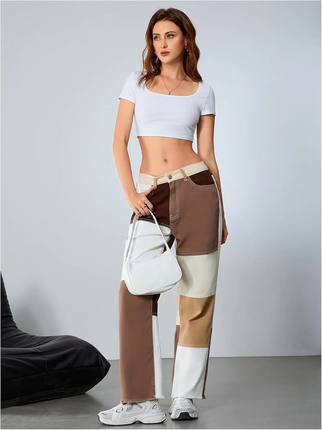 WDIRARA Women's Color Block Raw Hem High Waisted Jeans Straight Leg Denim Pants