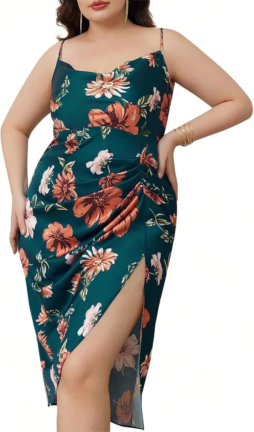 WDIRARA Women's Floral Sleeveless Slim Fit V Neck Slip Dress Ruched Side Cami Midi Dress