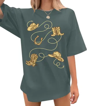 Western Shirts for Women Cowgirl Tshirt Boot Cowboy Hat Embroidery Shirt Rodeo Oversized Shirt Country Music Top