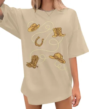 Western Shirts for Women Cowgirl Tshirt Boot Cowboy Hat Embroidery Shirt Rodeo Oversized Shirt Country Music Top
