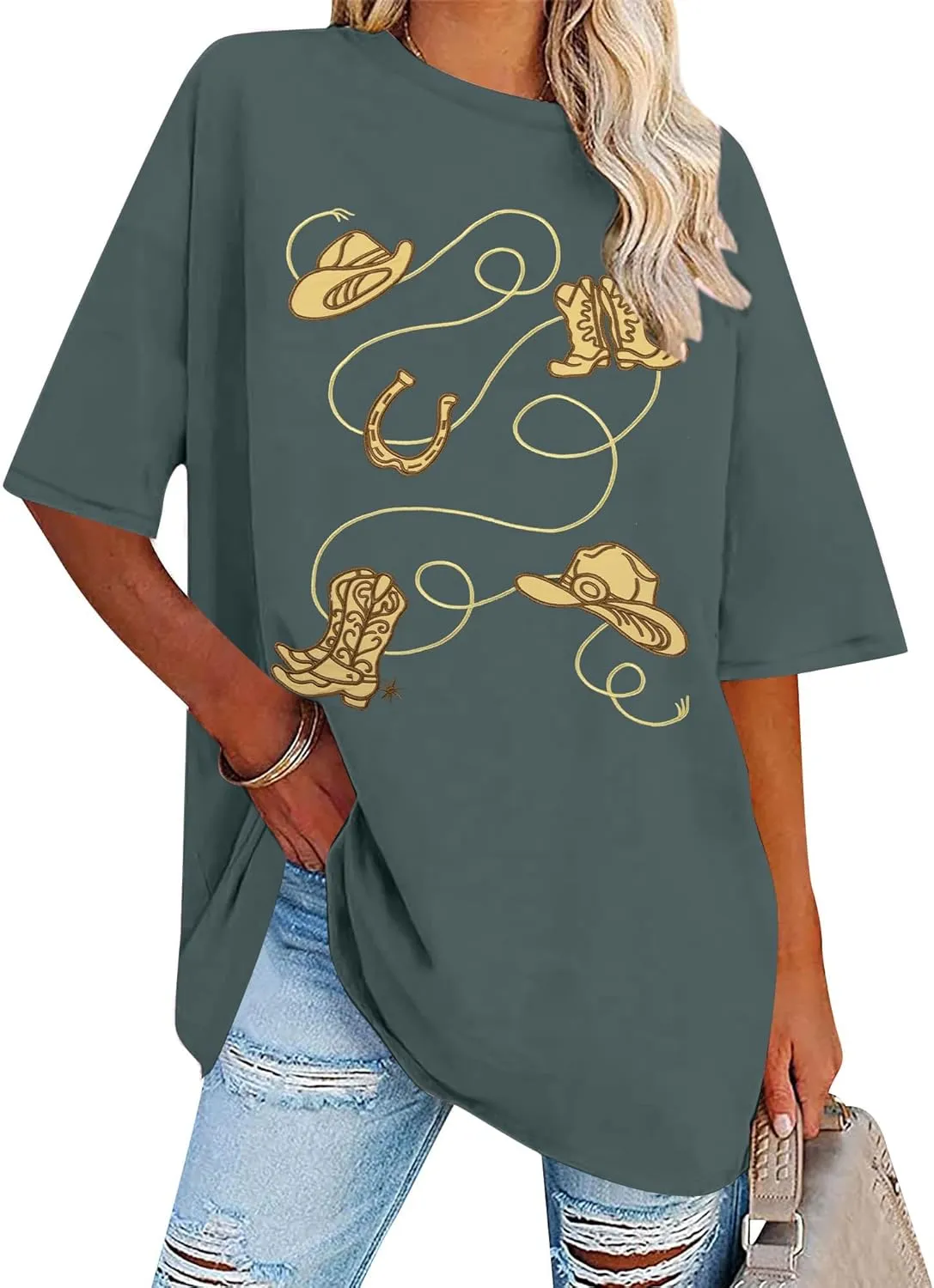 Western Shirts for Women Cowgirl Tshirt Boot Cowboy Hat Embroidery Shirt Rodeo Oversized Shirt Country Music Top