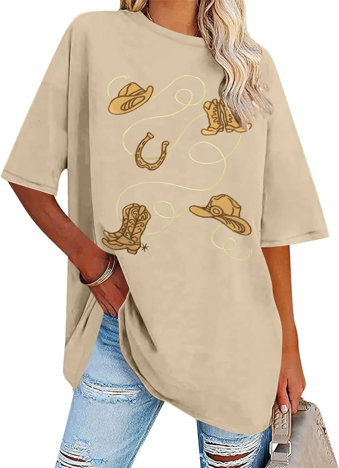 Western Shirts for Women Cowgirl Tshirt Boot Cowboy Hat Embroidery Shirt Rodeo Oversized Shirt Country Music Top