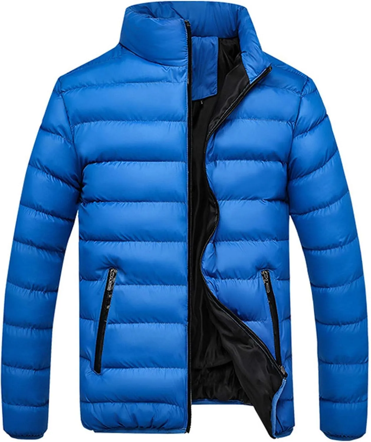 Winter Patchwork Down Coat for Men Lightweight Warm Thicken Padded Outerwear Stand Collar Ski Hiking Travel Overcoat