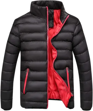 Winter Patchwork Down Coat for Men Lightweight Warm Thicken Padded Outerwear Stand Collar Ski Hiking Travel Overcoat