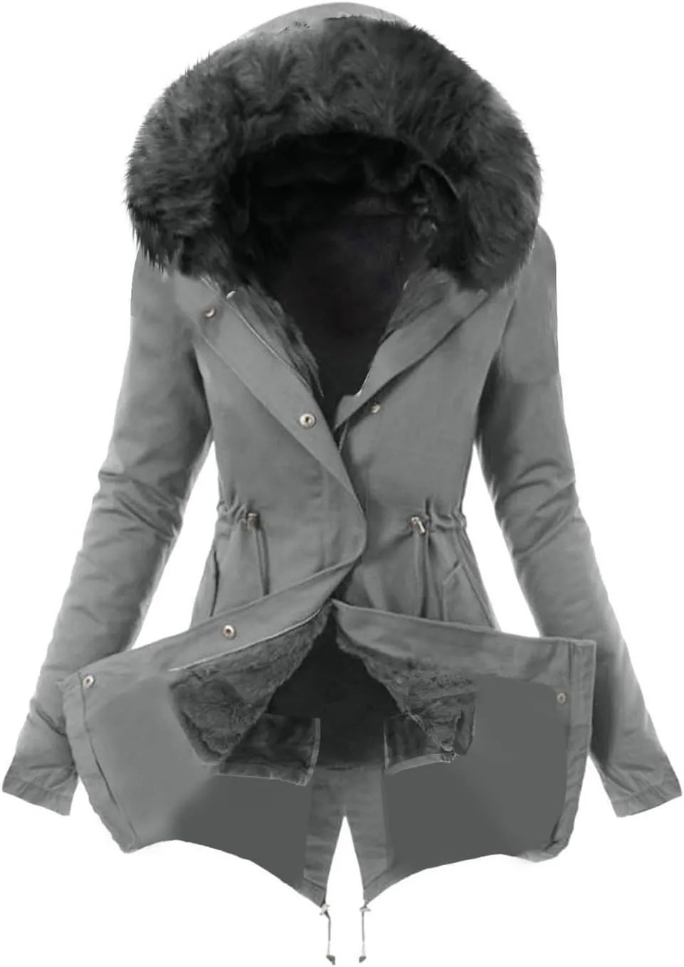 Women Faux Leather Trench Coat Fleece-Lined Mid-Length Jacket Winter Outwear Thicken Jackets with Hood
