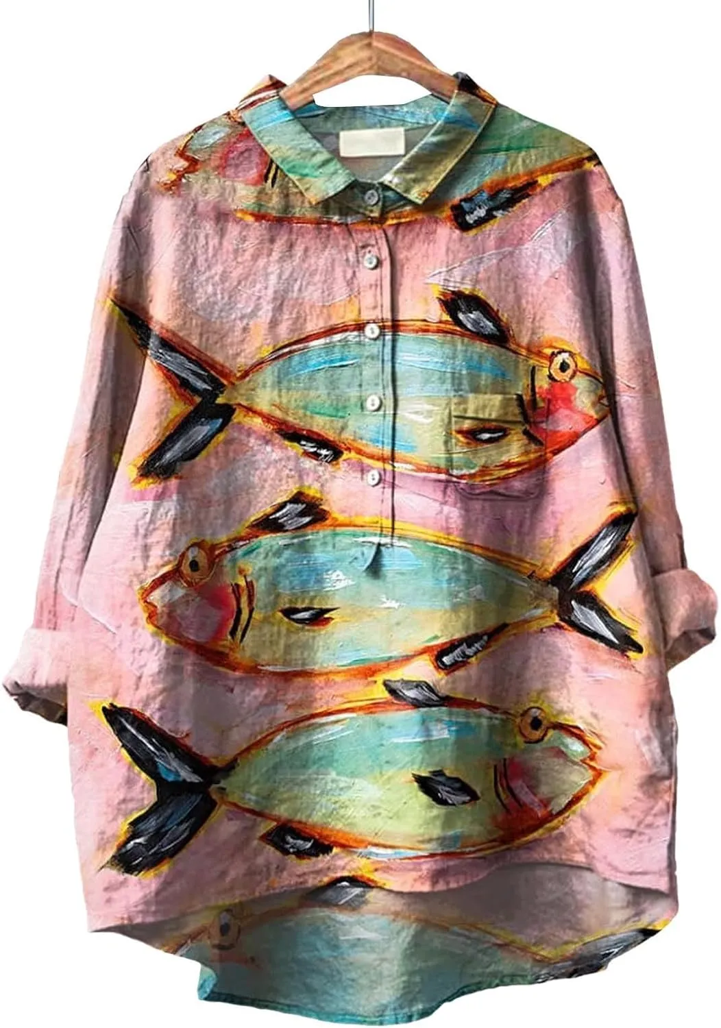 Women Floral Print Linen Shirts Gaze Tops Lapel Neck Button Blouses Long Comfy Tops Summer Casual Drassy Tunic Top