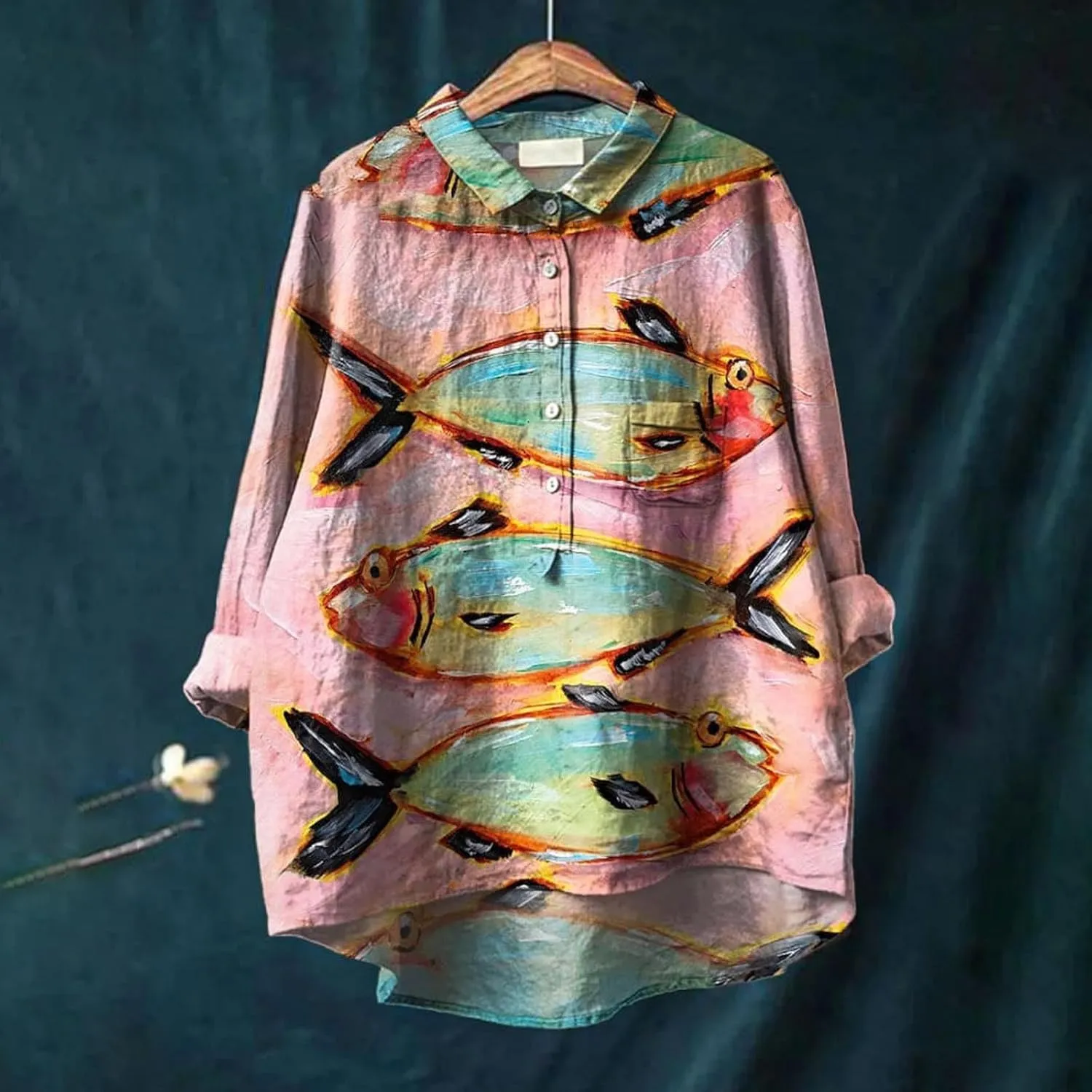 Women Floral Print Linen Shirts Gaze Tops Lapel Neck Button Blouses Long Comfy Tops Summer Casual Drassy Tunic Top