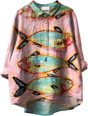 Women Floral Print Linen Shirts Gaze Tops Lapel Neck Button Blouses Long Comfy Tops Summer Casual Drassy Tunic Top