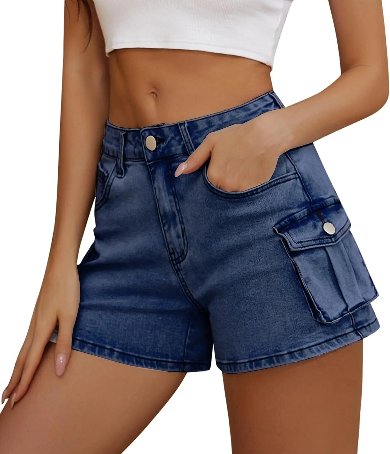 Women High Waist Jean Shorts Folded Hem Jean Shorts Stretchy Denim Shorts Summer Trendy Shorts