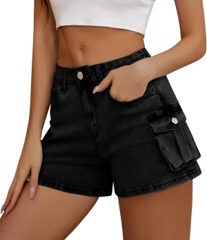 Women High Waist Jean Shorts Folded Hem Jean Shorts Stretchy Denim Shorts Summer Trendy Shorts