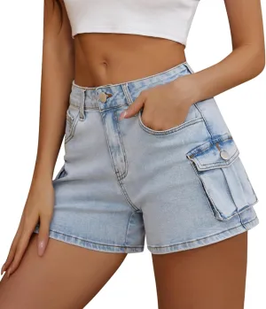 Women High Waist Jean Shorts Folded Hem Jean Shorts Stretchy Denim Shorts Summer Trendy Shorts