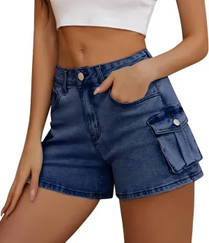 Women High Waist Jean Shorts Folded Hem Jean Shorts Stretchy Denim Shorts Summer Trendy Shorts