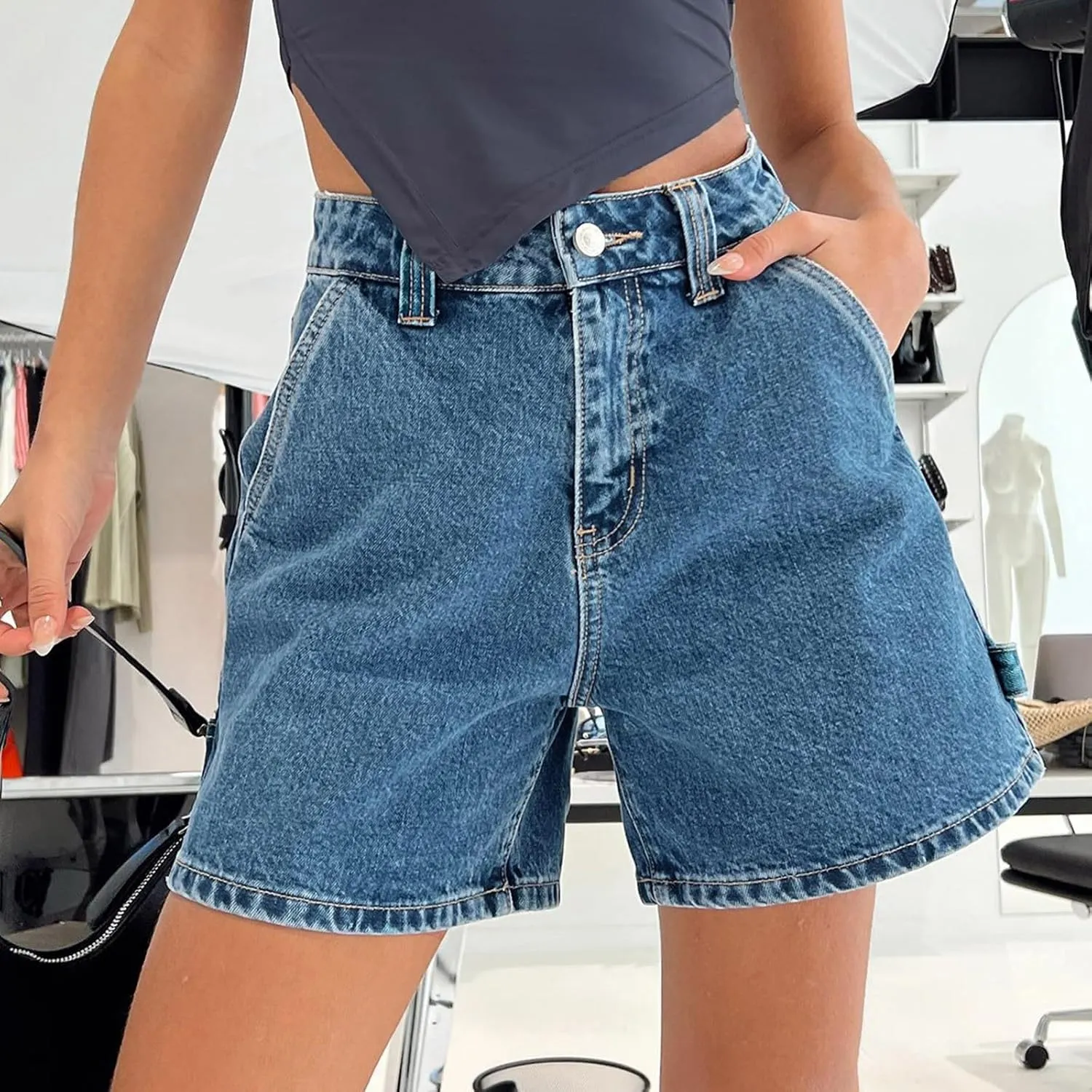 Women Jean Shorts High Waisted Carpenter Denim Shorts with Pockets Trendy Fashion Summer Shorts Jean Shorts for