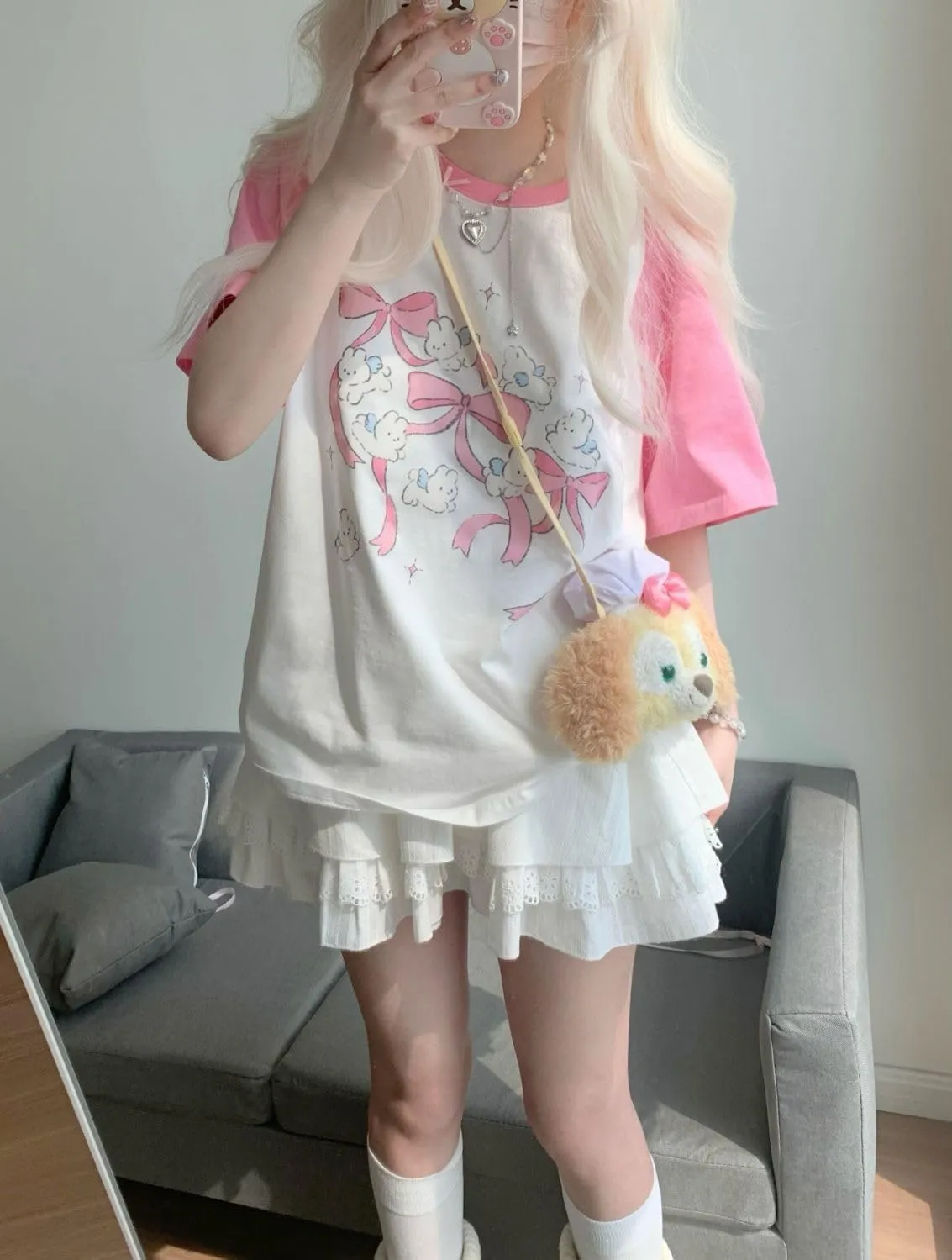 Women Kawaii Japanese Oversized Shirt Bow Graphic Tees Cartoon Baggy Tops Y2K Teen Girl Plus Size Shirts