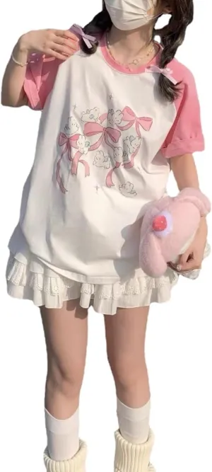 Women Kawaii Japanese Oversized Shirt Bow Graphic Tees Cartoon Baggy Tops Y2K Teen Girl Plus Size Shirts
