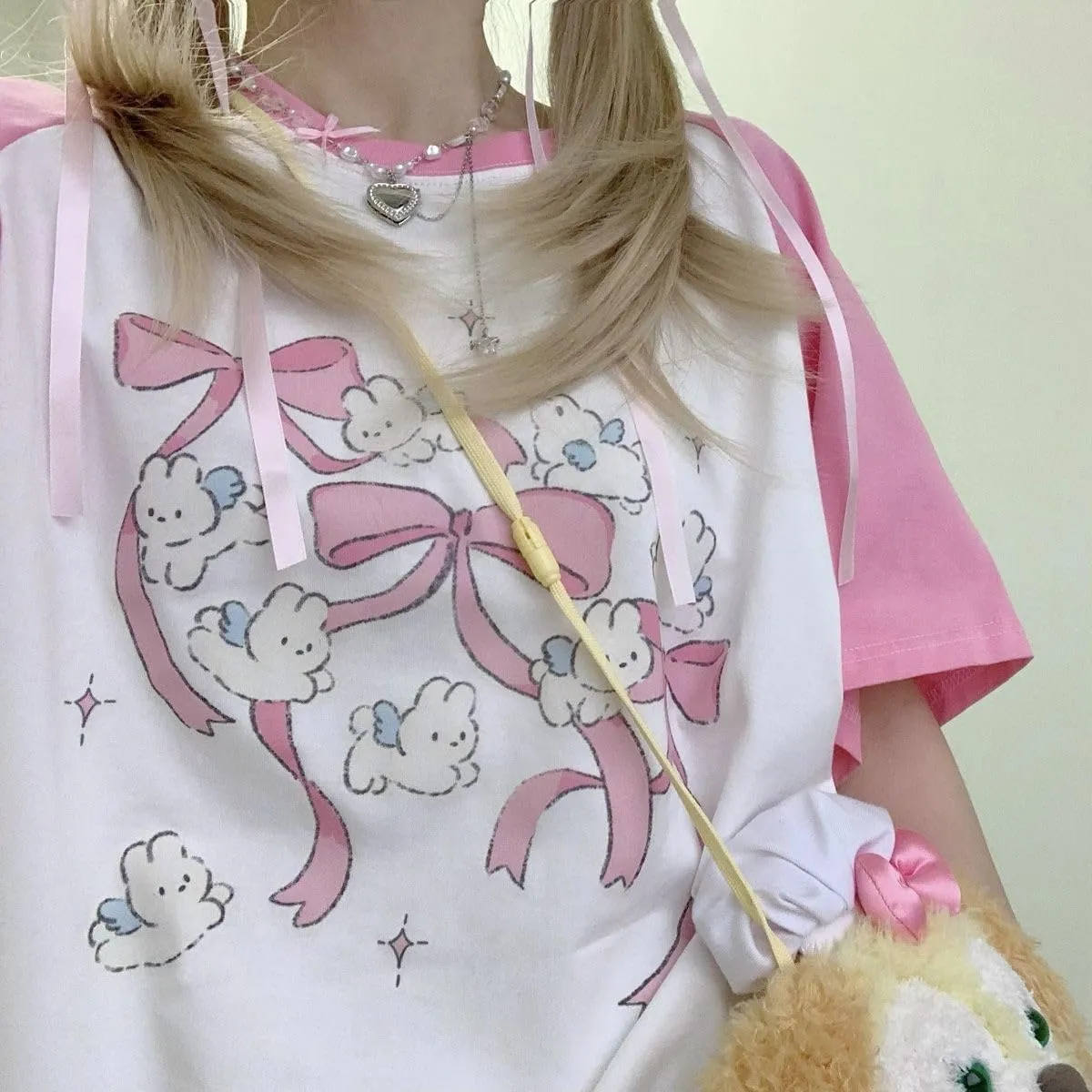 Women Kawaii Japanese Oversized Shirt Bow Graphic Tees Cartoon Baggy Tops Y2K Teen Girl Plus Size Shirts