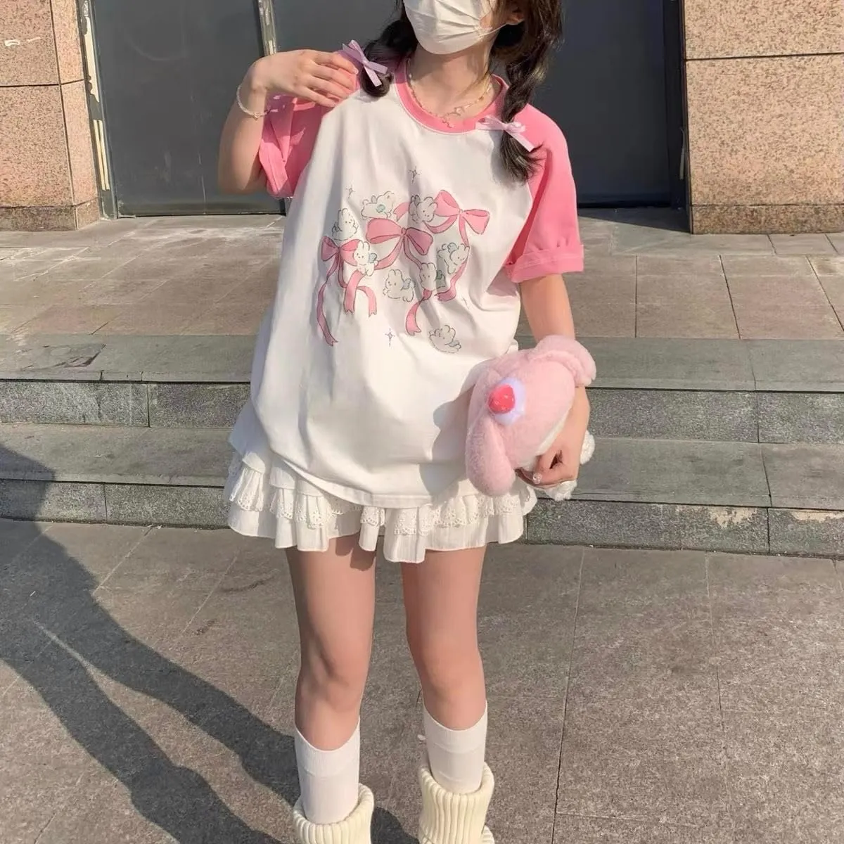 Women Kawaii Japanese Oversized Shirt Bow Graphic Tees Cartoon Baggy Tops Y2K Teen Girl Plus Size Shirts