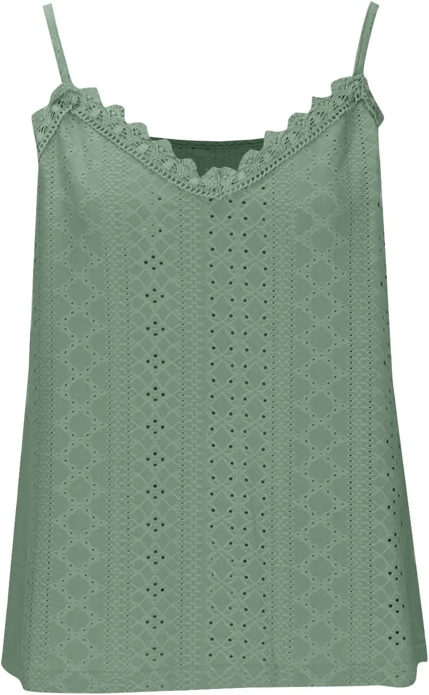 Women Lace V Neck Cami Top Summer Eyelet Hollow Spaghetti Straps Crop Tops Casual Beach Vacation Sleeveless Tanks