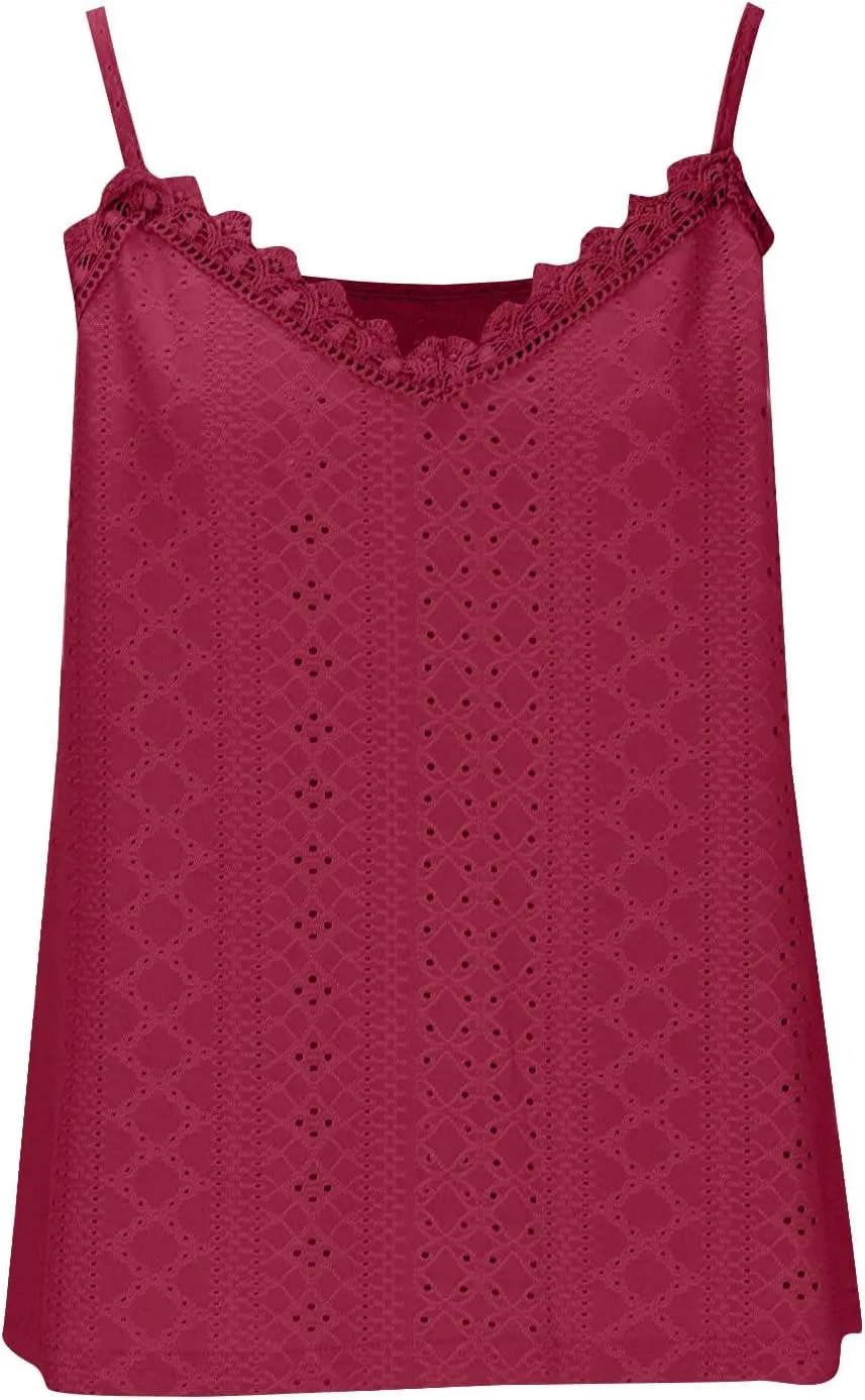 Women Lace V Neck Cami Top Summer Eyelet Hollow Spaghetti Straps Crop Tops Casual Beach Vacation Sleeveless Tanks