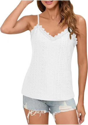 Women Lace V Neck Cami Top Summer Eyelet Hollow Spaghetti Straps Crop Tops Casual Beach Vacation Sleeveless Tanks