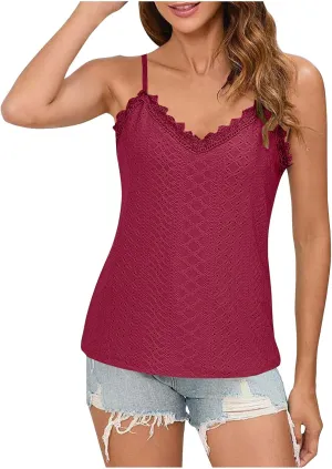 Women Lace V Neck Cami Top Summer Eyelet Hollow Spaghetti Straps Crop Tops Casual Beach Vacation Sleeveless Tanks