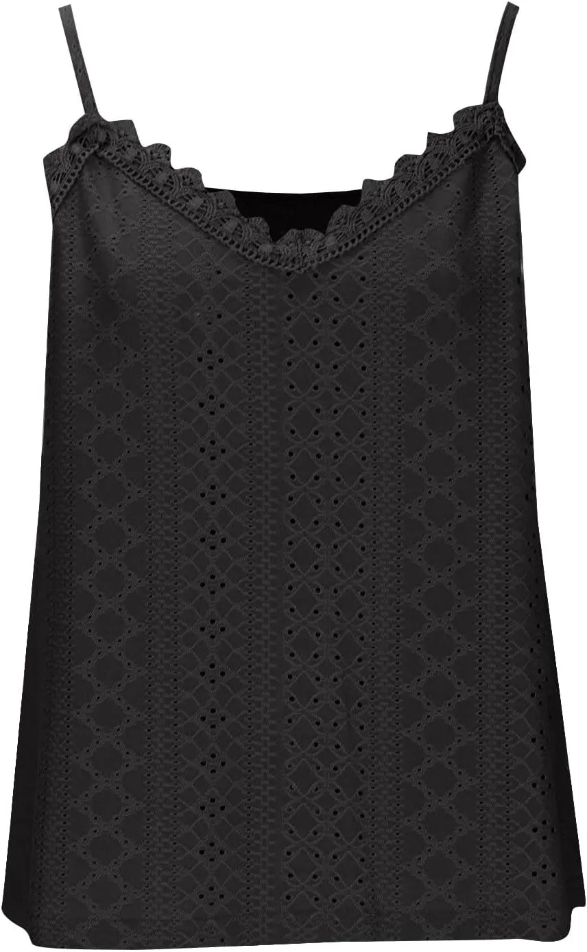 Women Lace V Neck Cami Top Summer Eyelet Hollow Spaghetti Straps Crop Tops Casual Beach Vacation Sleeveless Tanks