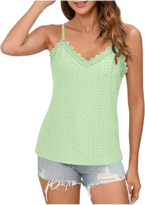 Women Lace V Neck Cami Top Summer Eyelet Hollow Spaghetti Straps Crop Tops Casual Beach Vacation Sleeveless Tanks