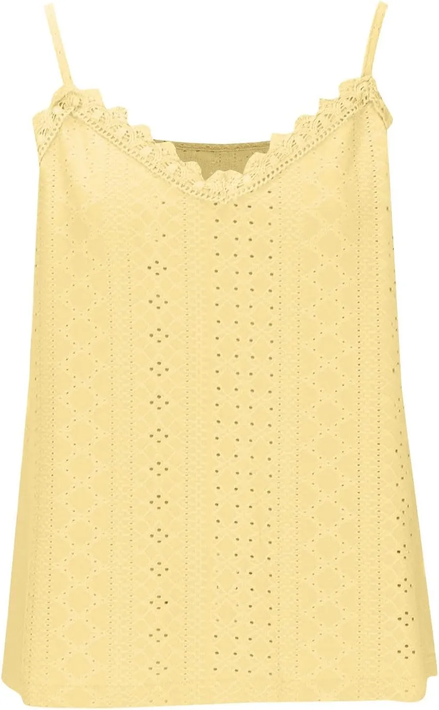 Women Lace V Neck Cami Top Summer Eyelet Hollow Spaghetti Straps Crop Tops Casual Beach Vacation Sleeveless Tanks