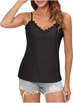 Women Lace V Neck Cami Top Summer Eyelet Hollow Spaghetti Straps Crop Tops Casual Beach Vacation Sleeveless Tanks