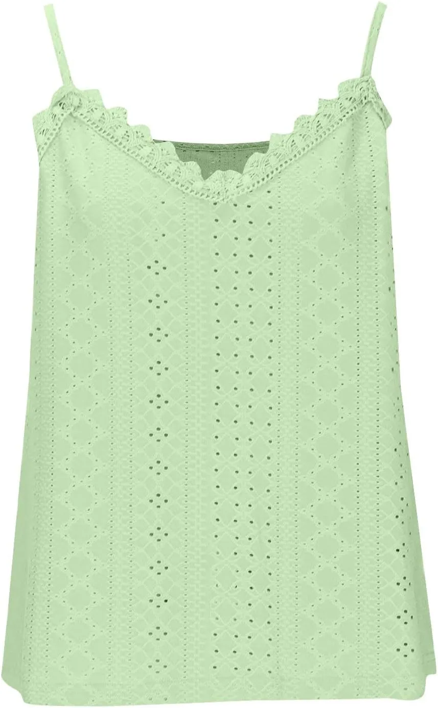 Women Lace V Neck Cami Top Summer Eyelet Hollow Spaghetti Straps Crop Tops Casual Beach Vacation Sleeveless Tanks