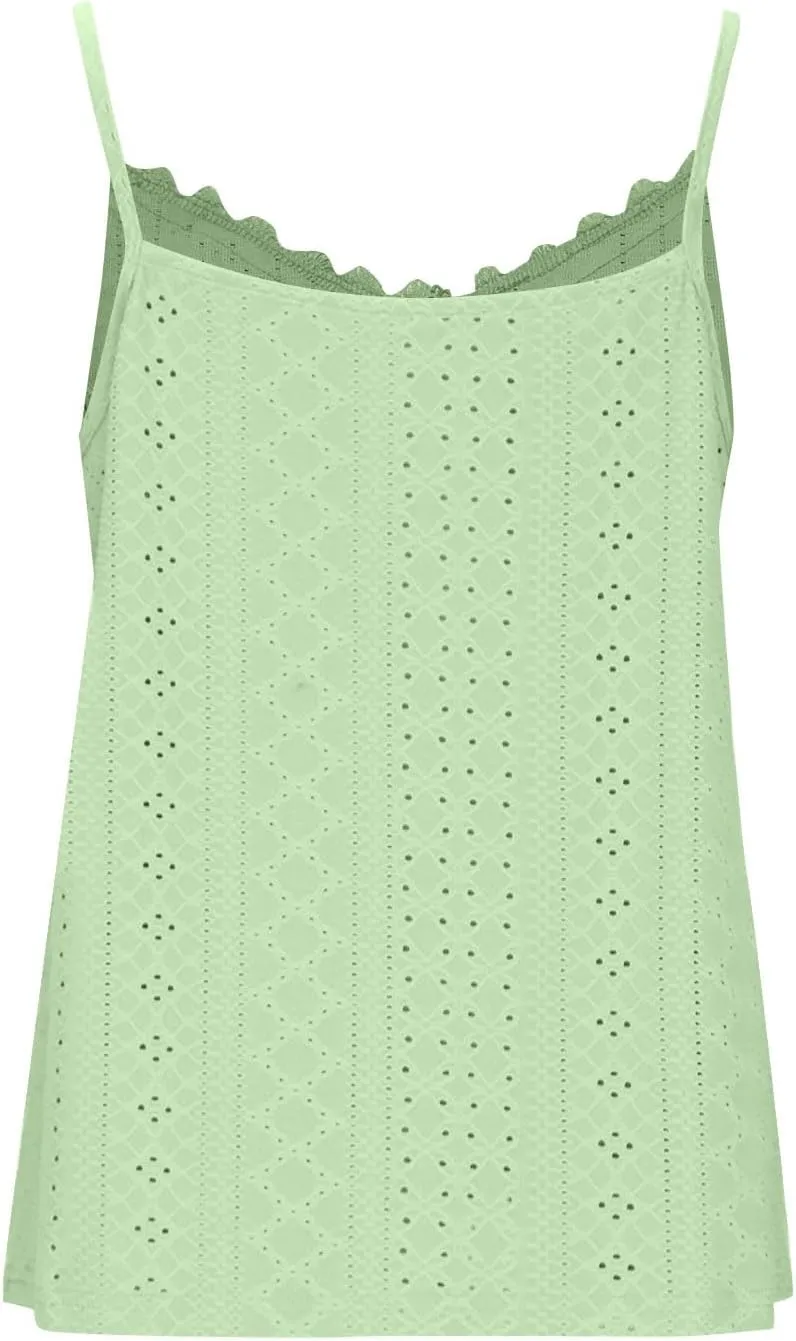 Women Lace V Neck Cami Top Summer Eyelet Hollow Spaghetti Straps Crop Tops Casual Beach Vacation Sleeveless Tanks