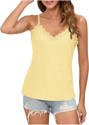 Women Lace V Neck Cami Top Summer Eyelet Hollow Spaghetti Straps Crop Tops Casual Beach Vacation Sleeveless Tanks